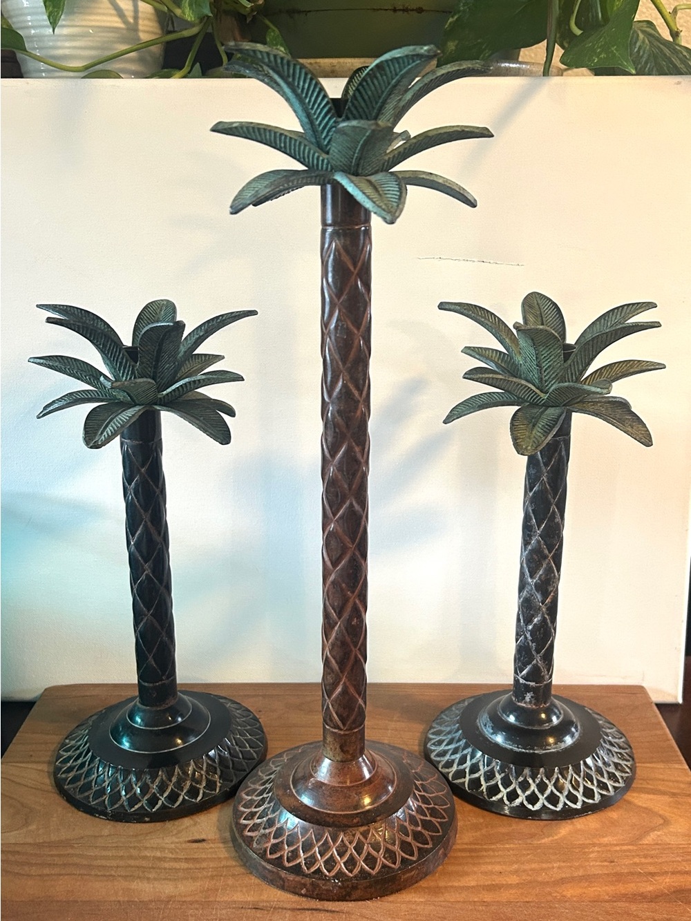 Vintage Metal Palm Tree Candle Holders Bronze/Green/Black SET OF 3 *AS IS